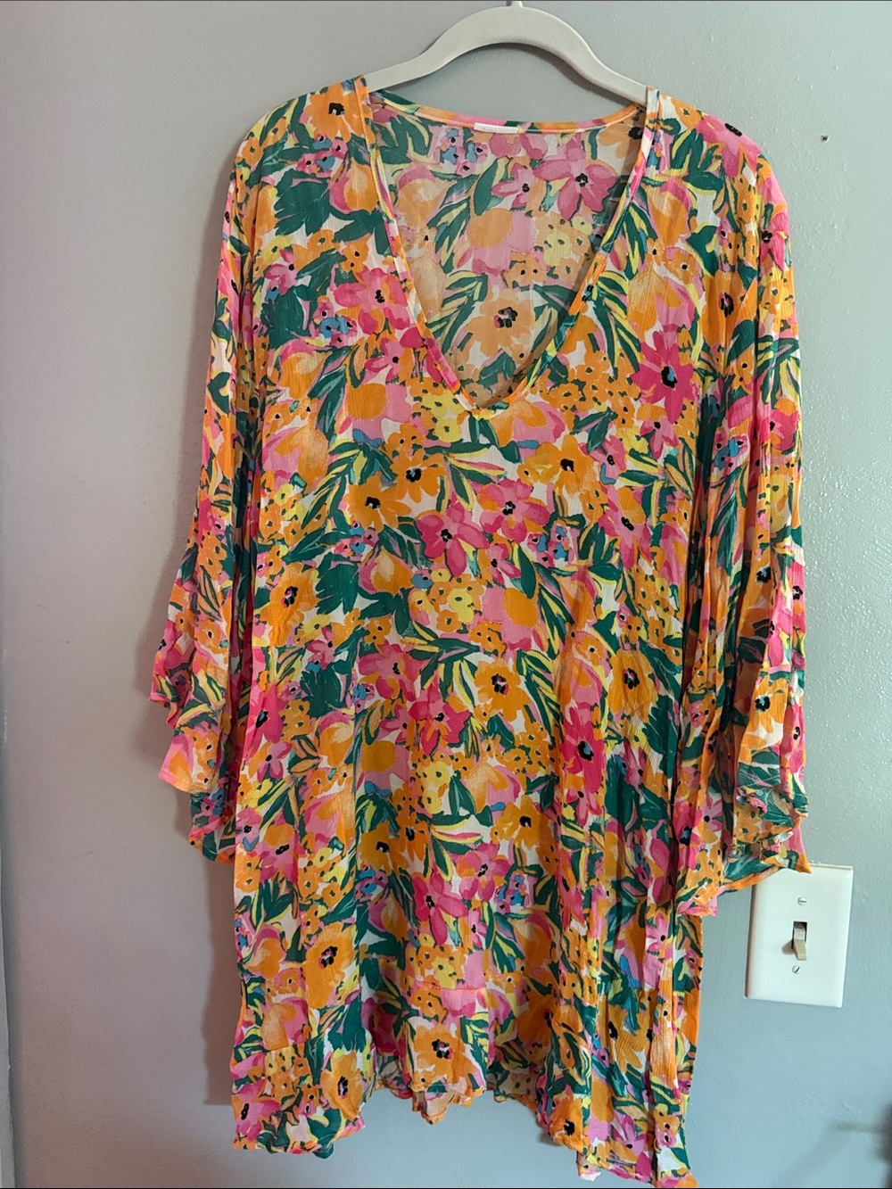 Floral V-Neck Mini Dress with Bell Sleeves in Yellow, Orange & Pink